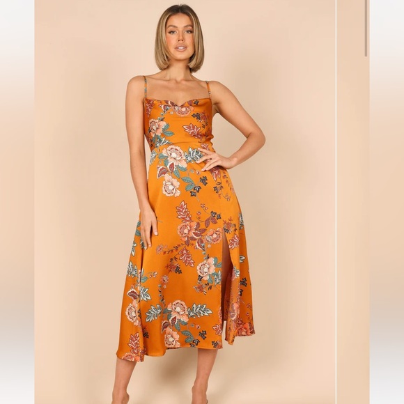 Petal & Pup Dresses Petal And Pup Tanrust Satin Floral Midi Dress Fall Wedding Guest Dress